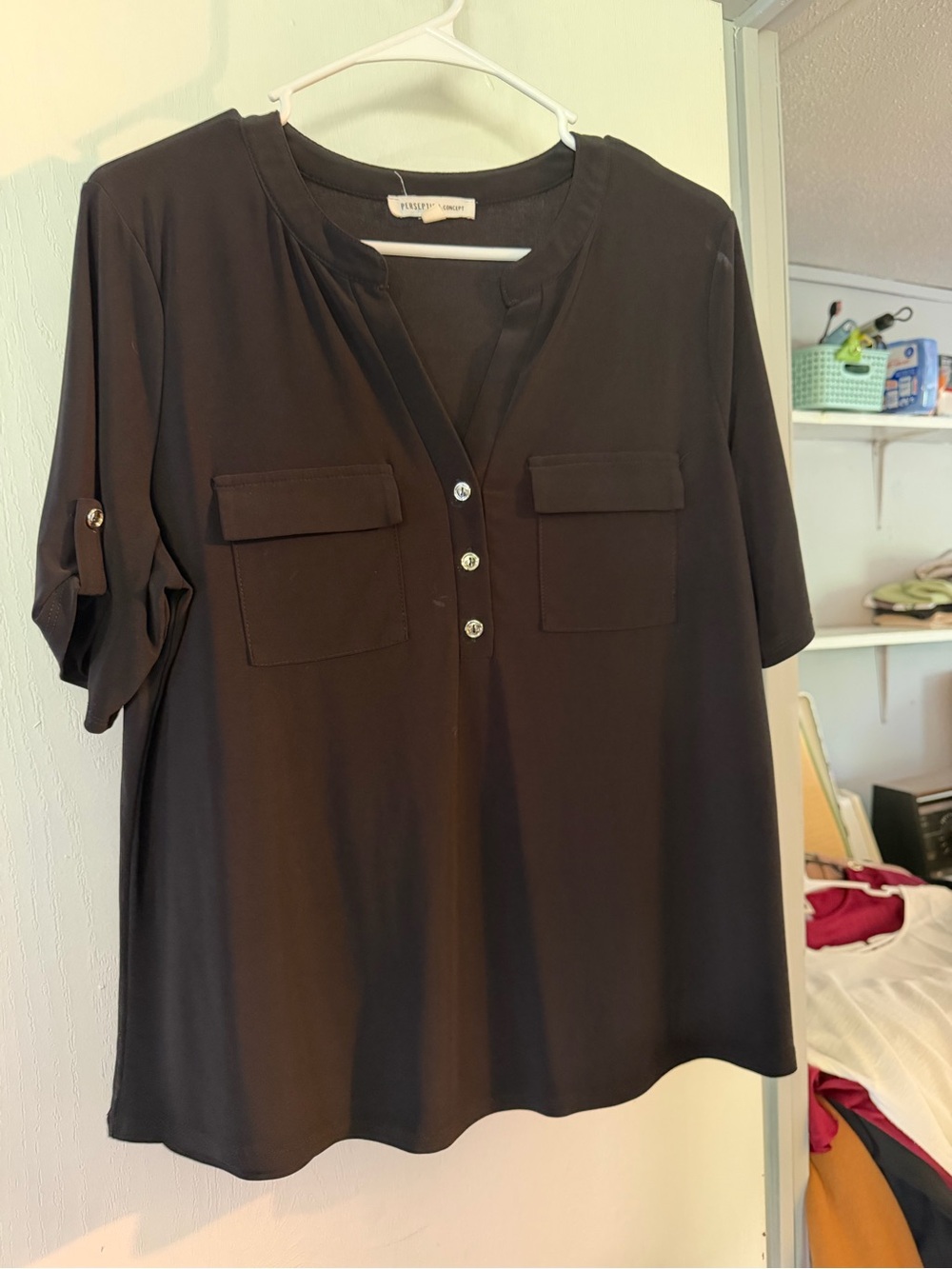 PerSeption Concept Black Button-Front Pocket Tunic